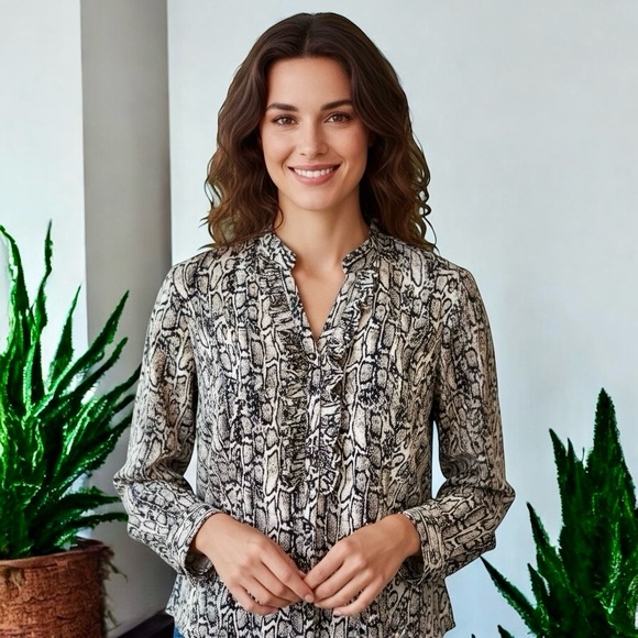 212 Collection Button Up Blouse Reptile Print Ruffles Long Sleeves - Picture 1 of 13